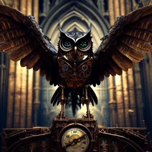 Prompt: Mechanical owl, steampunk style, intricate details, gothic cathedral, wings spread, perched, atmospheric lighting, gothic, steampunk, intricate design, mechanical, detailed feathers, cathedral interior, high quality, professional, atmospheric lighting