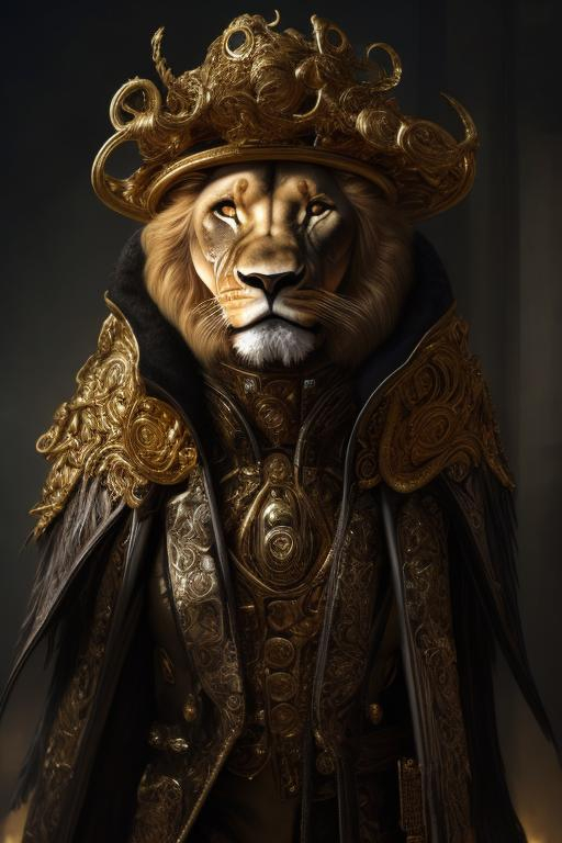 Prompt: Humanoid Lion in a long gold peacoat and wide-brimmed hat, luxurious fabric with intricate details, intense and piercing gaze, fantasy art, opulent gold tones, dramatic lighting, high-res, ultra-detailed, fantasy, luxurious, detailed fur, regal, opulent, extravagant, wide-brimmed hat, humanoid, fierce presence