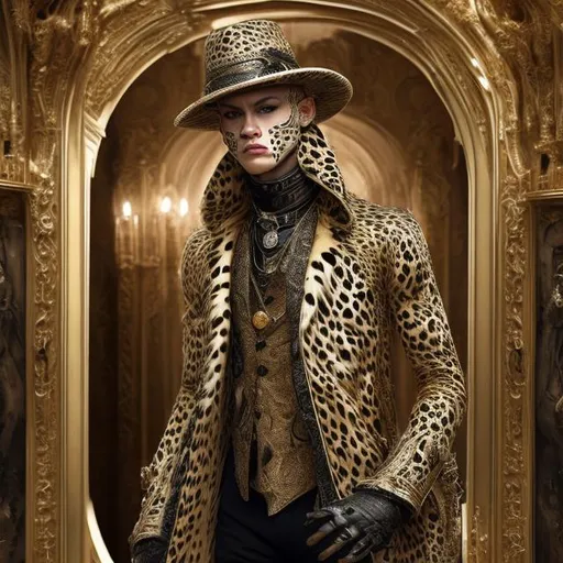 Prompt: Humanoid white cheetah in a long gold peacoat and wide-brimmed hat, luxurious fabric with intricate details, intense and piercing gaze, fantasy art, opulent gold tones, dramatic lighting, high-res, ultra-detailed, fantasy, luxurious, detailed fur, regal, opulent, extravagant, wide-brimmed hat, humanoid, fierce presence