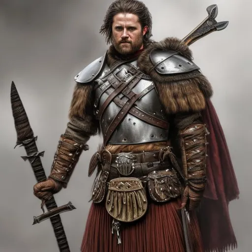 Prompt: Traditional Scottish warrior, detailed leather armor, kilt, sporen, axe and sword, well-kept leather, high quality, realistic, detailed, historical, rugged, traditional, earthy tones, dramatic lighting,electronic painting (full-body) character portrait of sci-fi high-fantasy