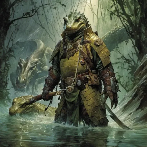 Prompt: <mymodel>A  full body portrait for the concept character design of 

a threatening fierceful anthropomorphic alligator 
paladin crossing a gloomy flooded mangroove in  the middle  of a  rainstorm

, a stunning Frank Frazetta masterpiece by  Donato  Giancola  and  Terese Nielsen

, neat and clean composition made of neat and clear tangents full of negative space 

, ominous dramatic lighting with detailed shadows and highlights enhancing depth of perspective and 3D volumetric drawing

, a vibrant and colorful painting in HDR