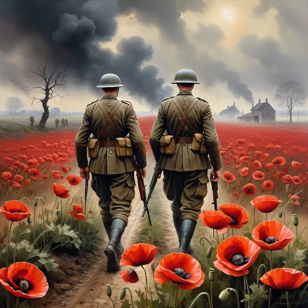 Poppy Fields in Flanders, soldiers in battlefield, W... | OpenArt