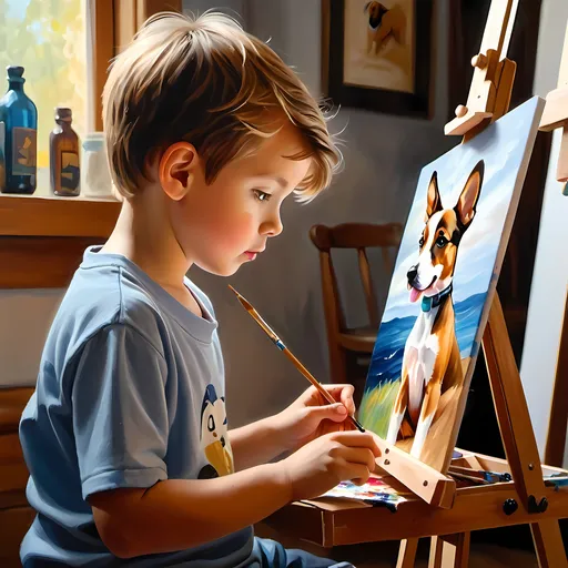 Prompt: Oil painting of a boy painting a picture of a cute dog at an easel, vibrant brushstrokes, detailed facial expression, warm tones, soft natural lighting, high quality, realistic, detailed background, rich texture, traditional art, focused concentration, artsy atmosphere