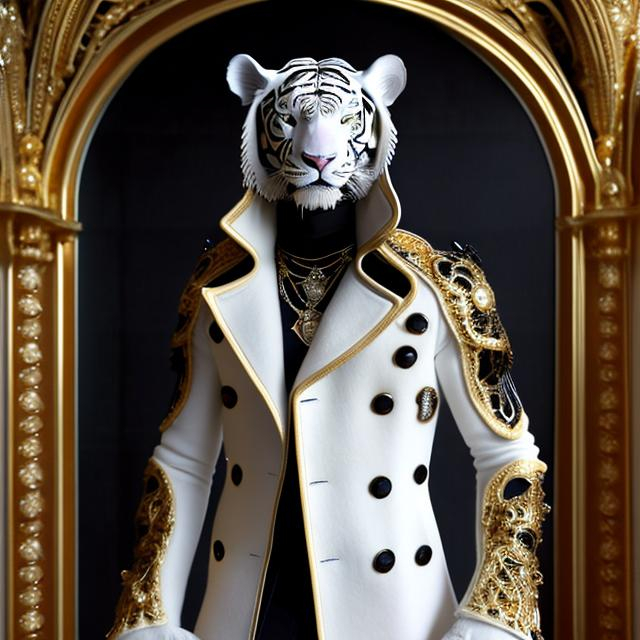 Prompt: Humanoid White Tiger in a long gold & white peacoat and wide-brimmed Black hat, luxurious fabric with intricate details, intense and piercing gaze, fantasy art, opulent gold tones, dramatic lighting, high-res, ultra-detailed, fantasy, luxurious, detailed fur, regal, opulent, extravagant, wide-brimmed hat, humanoid, fierce presence