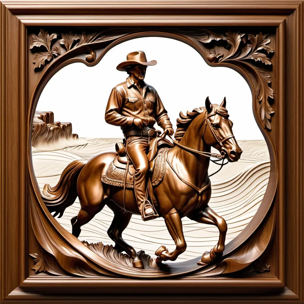 Prompt: a drawing of a cowboy riding a horse in a wood frame with a background of wavy waves and a man in a cowboy hat, Boleslaw Cybis, computer art, highly detailed digital art, a bronze sculpture, 3d Bas Relief