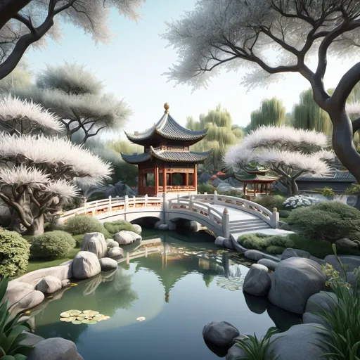 Prompt: Detailed, realistic, 3D bas relief,Chinese Garden with Lily pond, Chinese Trees ,Line drawing, High detail, Intricate, Elaborate, Magical, Intrically detailed. 4K, HDR,Professional quality, Digital illustration, Realistic with a touch of fantasy, by Alphonse Mucha, Artstation, 