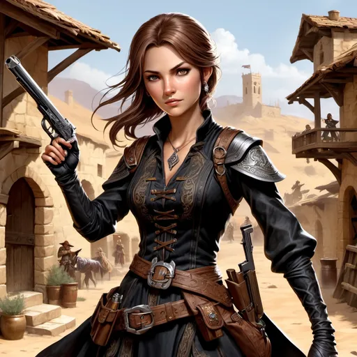 Prompt: Dungeons and Dragons character art of petite female gunslinger, she's noble and gambling charlatan, she wears a black peasant dress and holds a pepperbox firearm gun, digital art, high detailed, masterpiece, dynamic pose shooting sniper, Percival de Rolo as female