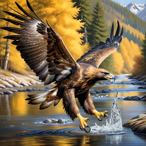 Prompt: Golden eagle catching a fish in a beautiful river, realistic oil painting, sparkling water, vibrant golden feathers, detailed fish scales, majestic eagle, serene landscape, high quality, realistic, detailed feathers, river, wildlife art, natural lighting