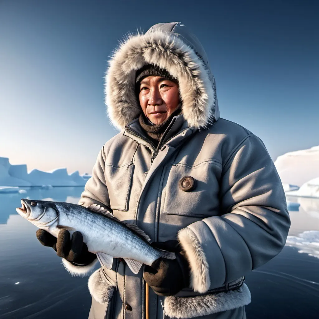 Prompt: Eskimo in full eskimo attire, ice fishing, 3D bas relief, HDR, 4k, detailed, icy atmosphere, traditional clothing, Arctic landscape, frozen lake, realistic textures, high quality, 3D, detailed ice, winter setting, full eskimo attire, detailed fishing tools, professional, atmospheric lighting, cold tones