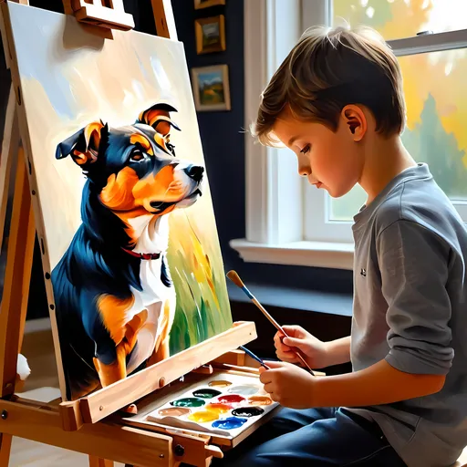 Prompt: Oil painting of a boy painting a picture of a cute dog at an easel, vibrant brushstrokes, detailed facial expression, warm tones, soft natural lighting, high quality, realistic, detailed background, rich texture, traditional art, focused concentration, artsy atmosphere