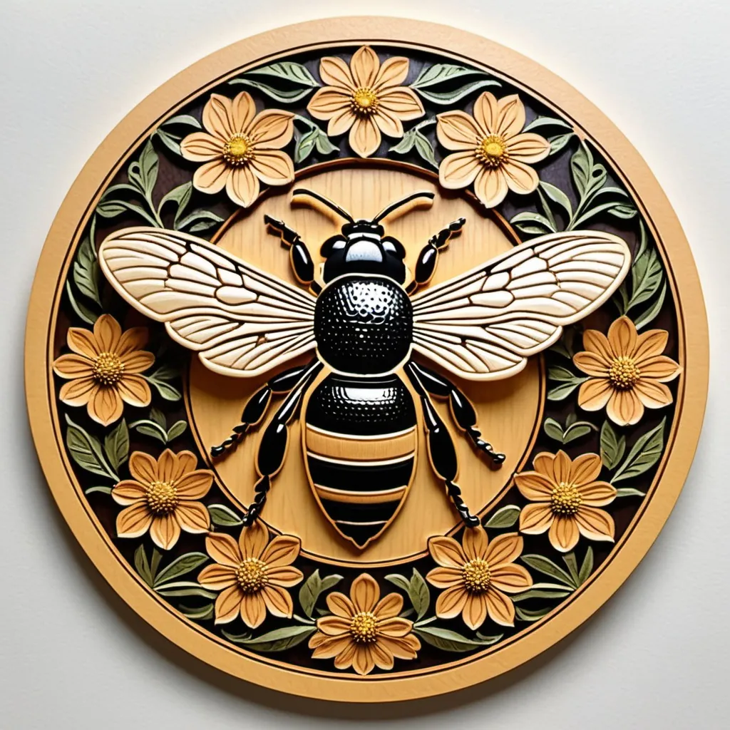 Prompt: Woodcut of a bee surrounded by flowers and leaves, intricate environment, Alison Kinnaird, arts and crafts movement, circular design in the center, high quality, woodcut, detailed carving, arts and crafts, intricate details, nature-inspired, warm tones, soft lighting