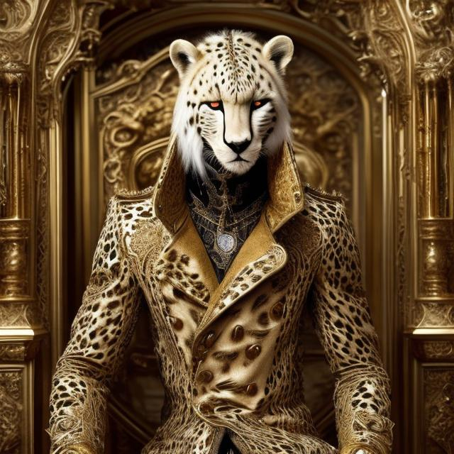 Prompt: Humanoid white cheetah in a long gold peacoat and wide-brimmed hat, luxurious fabric with intricate details, intense and piercing gaze, fantasy art, opulent gold tones, dramatic lighting, high-res, ultra-detailed, fantasy, luxurious, detailed fur, regal, opulent, extravagant, wide-brimmed hat, humanoid, fierce presence