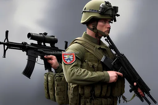 Prompt: Modern-day British army soldier with SA 80 rifle, modern equipment, pouches, and webbing, oil painting, high quality, realistic, detailed uniform, intense military atmosphere, professional lighting, modern weaponry, army uniform, best quality, oil painting, realistic, detailed equipment, soldier with SA 80 rifle, modern pouches and webbing