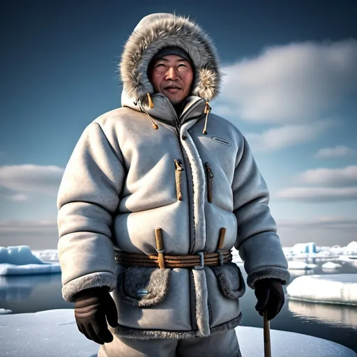 Prompt: Eskimo in full eskimo attire, ice fishing, 3D bas relief, HDR, 4k, detailed, icy atmosphere, traditional clothing, Arctic landscape, frozen lake, realistic textures, high quality, 3D, detailed ice, winter setting, full eskimo attire, detailed fishing tools, professional, atmospheric lighting, cold tones