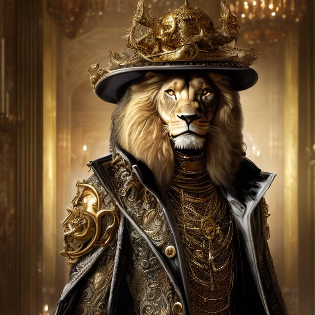 Prompt: Humanoid Lion in a long gold peacoat and wide-brimmed hat, luxurious fabric with intricate details, intense and piercing gaze, fantasy art, opulent gold tones, dramatic lighting, high-res, ultra-detailed, fantasy, luxurious, detailed fur, regal, opulent, extravagant, wide-brimmed hat, humanoid, fierce presence