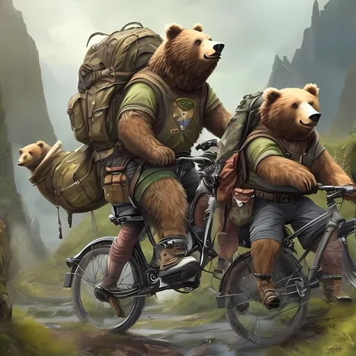 Prompt: 5 Fantasy Bears cycling with rucksacks and climbing gear on