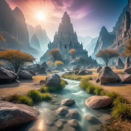 Prompt: Fantasy mountain valley with river, long-exposure water, 4K HDR, 3D bas relief, misty atmosphere, ancient ruins, mystical aura, detailed rock formations, vibrant nature, magical lighting, surreal landscape, high quality, fantasy, long-exposure water, 3D bas relief, mystical atmosphere, ancient ruins, vibrant nature, magical lighting, surreal landscape, detailed rocks, misty aura, HDR, 4K