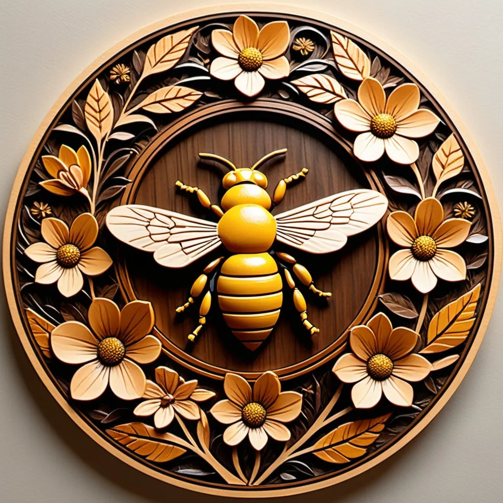 Prompt: Woodcut of a bee surrounded by flowers and leaves, intricate environment, Alison Kinnaird, arts and crafts movement, circular design in the center, high quality, woodcut, detailed carving, arts and crafts, intricate details, nature-inspired, warm tones, soft lighting,3d bas relief