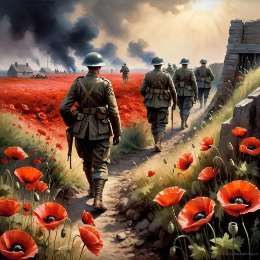 Prompt: World War One battlefield trenches, soldiers in uniform, vibrant poppies, gritty and realistic, oil painting, war-torn landscape, intense and dramatic lighting, high resolution, realistic, somber color tones, detailed soldiers, historical, poppy field, traditional art style, dramatic shadows, emotional, war scene, intense atmosphere