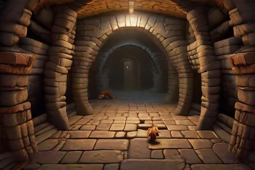 Prompt: In Image, Create a highly detailed, ultra high definition, photo-realistic, intricately detailed textures, image of a dungeon with 2 passageways, a right and a left way to go, with many bones on the floor, dark features, cave. many small brown squirrels running around, Full body, centered, fantasy setting, character concept, cinematic, colorful background, concept art, dramatic lighting, highly detailed, hyper realistic, intricate sharp details, octane render, smooth, ultra studio lighting, perfect shading and shadows, trending on art station, 64k, HDR, unreal engine, emotive, cgi, animated, character art, iridescent, metallic.