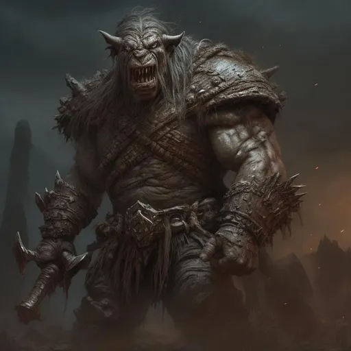 Prompt: Giant, intimidating orc with weathered armor, epic fantasy, rugged texture, high resolution, realistic fantasy, earthy tones, dramatic lighting, battle-worn, fantasy, ultra high quality, detailed muscles, epic fantasy art, menacing presence, massive, atmospheric lighting