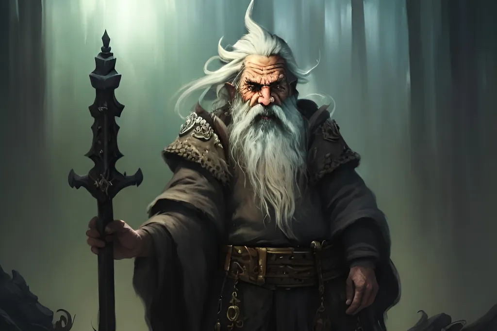 Prompt: Prompt

(full-body) concept art of high fantasy wizened old male gnome deathspeaker shaman, oil painting, dark atmospheric lighting, high fantasy, highly detailed background, dark gritty tones, professional illustration, painted, art, painterly, thick gray and brown hair, thick gray and brown beard, crazed crazy possessed wild expression, shamanistic staff with skulls tied to it, shaman robes, soft shadows, soft highlights, very short subject, standing in highly detailed desolate wasteland background, windswept charred misty foggy rocky craggy dead wasteland background, skull and bone tribal fetishes, alchemical component pouches attached to belt, shamanistic tribal headdress,