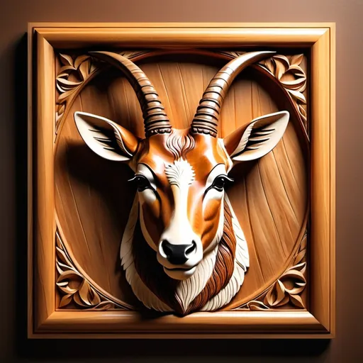 Prompt: Antelopes Head in 3D bas relief, wooden carved frame, realistic texture, high-quality, detailed craftsmanship, warm lighting