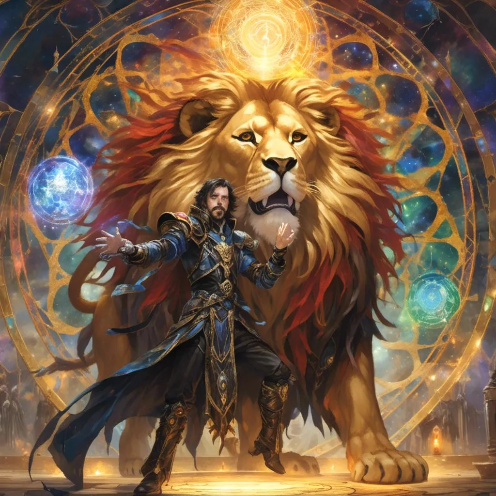 Prompt: <mymodel>A  Mage summoning a humanoid Lion in  artstyle