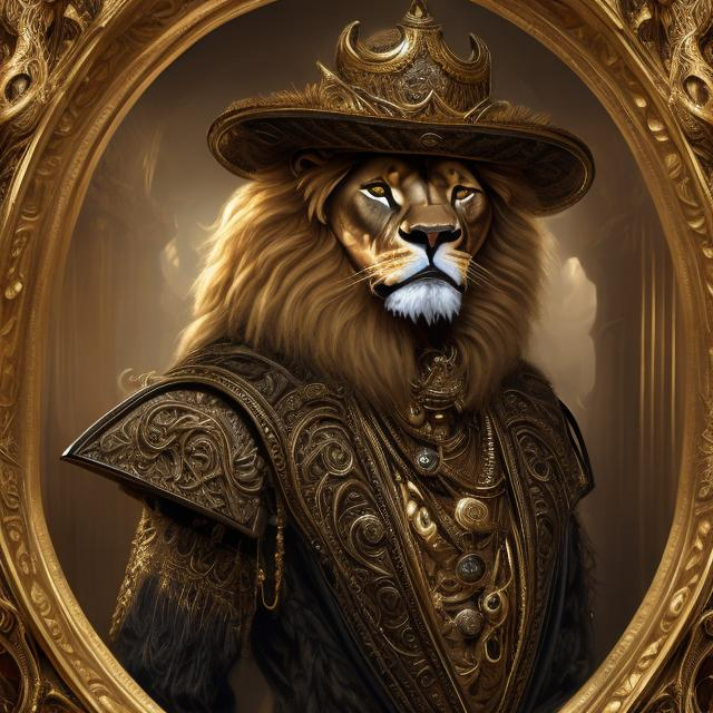 Prompt: Humanoid Lion in a long gold peacoat and wide-brimmed hat, luxurious fabric with intricate details, intense and piercing gaze, fantasy art, opulent gold tones, dramatic lighting, high-res, ultra-detailed, fantasy, luxurious, detailed fur, regal, opulent, extravagant, wide-brimmed hat, humanoid, fierce presence