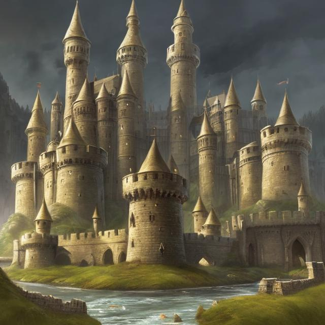 Prompt: Medieval fantasy illustration of a grand castle by a tranquil river, lush greenery, enchanting setting, high quality, detailed, fantasy, medieval, castle, river, lush greenery, enchanting, atmospheric lighting