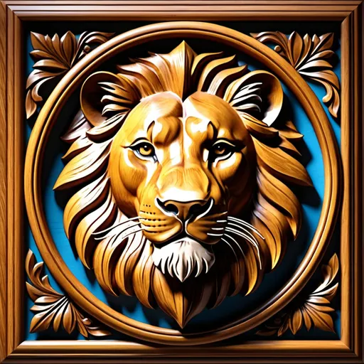 Prompt: Lions Head in 3D bas relief, wooden carved frame, realistic texture, high-quality, detailed craftsmanship, warm lighting
