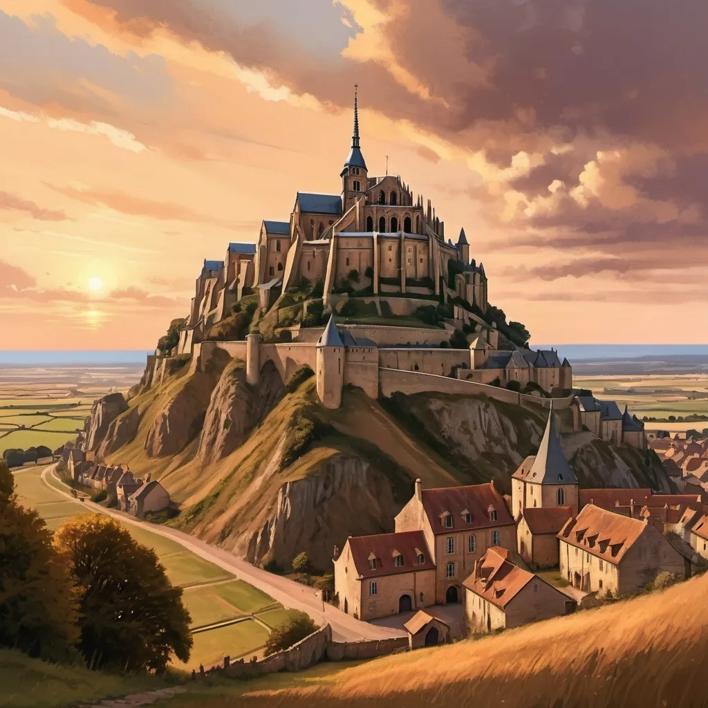 Prompt: Beautiful, detailed digital painting of Mont St. Michael, picturesque French landscape, medieval abbey and village, sunset glow, warm color tones, high quality, digital painting, medieval architecture, picturesque landscape, warm sunset glow, detailed textures, professional, atmospheric lighting