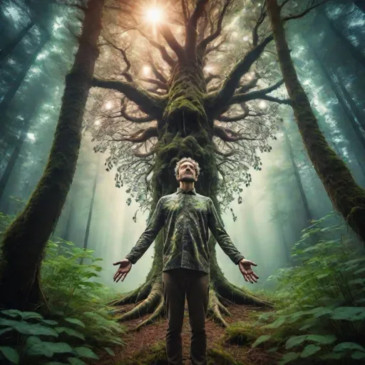 Prompt: Man turning into a tree with plants reaching to him, stood in the middle of forest, psychedelic mushrooms, beam of light, gnarly trees, becoming one with nature 