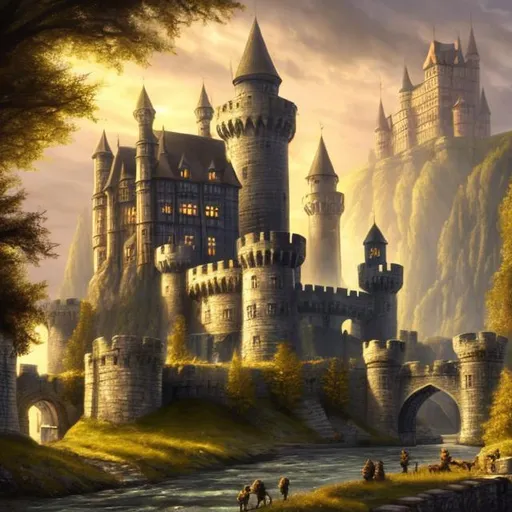Prompt: Medieval fantasy illustration of a grand castle by a tranquil river, lush greenery, enchanting setting, high quality, detailed, fantasy, medieval, castle, river, lush greenery, enchanting, atmospheric lighting