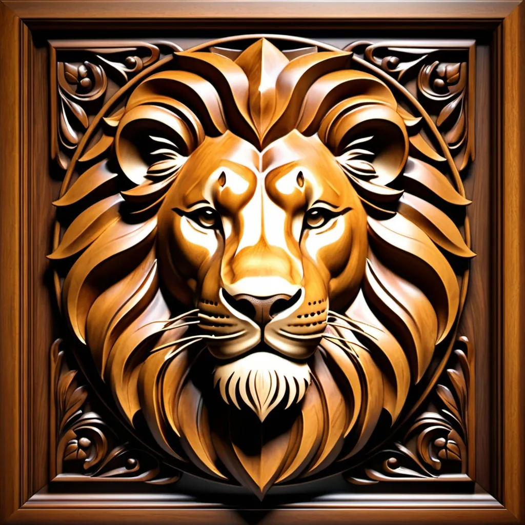 Prompt: Lions Head in 3D bas relief, wooden carved frame, realistic texture, high-quality, detailed craftsmanship, warm lighting