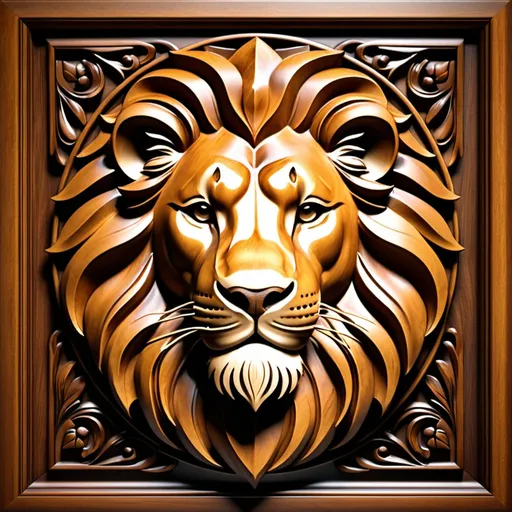 Prompt: Lions Head in 3D bas relief, wooden carved frame, realistic texture, high-quality, detailed craftsmanship, warm lighting