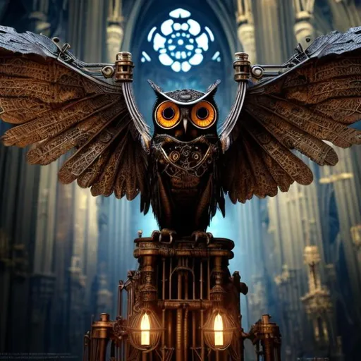 Prompt: Mechanical owl, steampunk style, intricate details, gothic cathedral, wings spread, perched, atmospheric lighting, gothic, steampunk, intricate design, mechanical, detailed feathers, cathedral interior, high quality, professional, atmospheric lighting