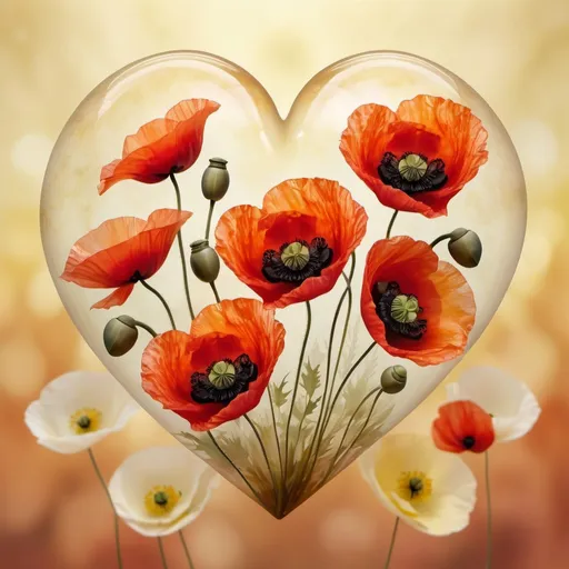 Prompt: Large heart shape with several semi-transparent poppies, dominant center poppy, yellowish mottled background, 4K quality, semi-realistic style, warm tones, soft lighting, detailed petals, floral design, ethereal atmosphere