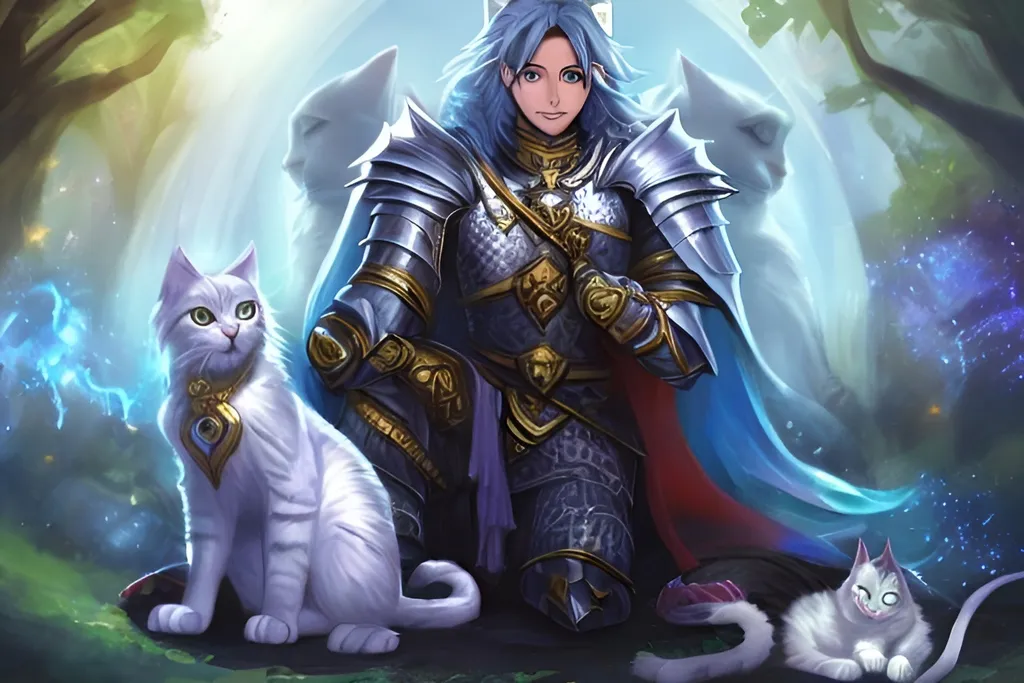Prompt: magical lord, knight with pet cat