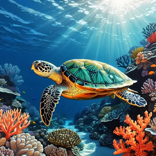 a carved turtle in a coral reef with corals and cora... | OpenArt