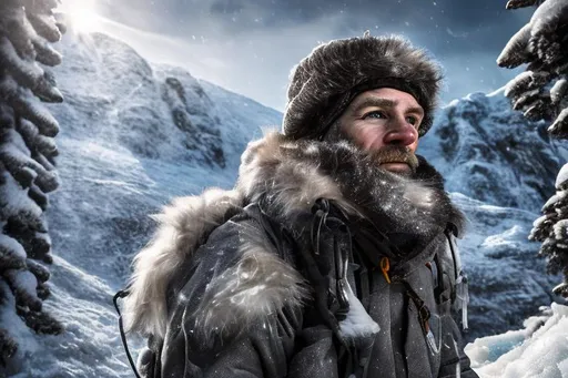 Prompt: Arctic explorer in snowy mountains, highly detailed, detailed facial features, ice and snow textures, highres, realistic, rugged terrain, winter gear, professional, atmospheric lighting, extreme conditions, frosty atmosphere, detailed equipment, adventure, cold tones, detailed fur and fabric, mountainous landscape, detailed backpack and tools, detailed facial features, snowy peaks, detailed ice, realistic snow, blizzard conditions, intense gaze