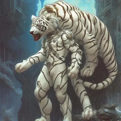 Prompt: <mymodel>A science fiction anthropomorphic white tiger in artstyle by Donato Giancola and Terese Nielsen