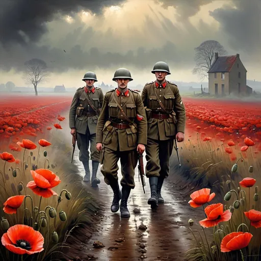 Prompt: Poppy Fields in Flanders, soldiers in battlefield, WW2, vibrant red poppies, somber atmosphere, high quality, realistic, historical, dramatic lighting, detailed soldier uniforms and faces, war-torn landscape, foggy morning, intense emotions, realistic, oil painting, historical, somber tones, dramatic lighting