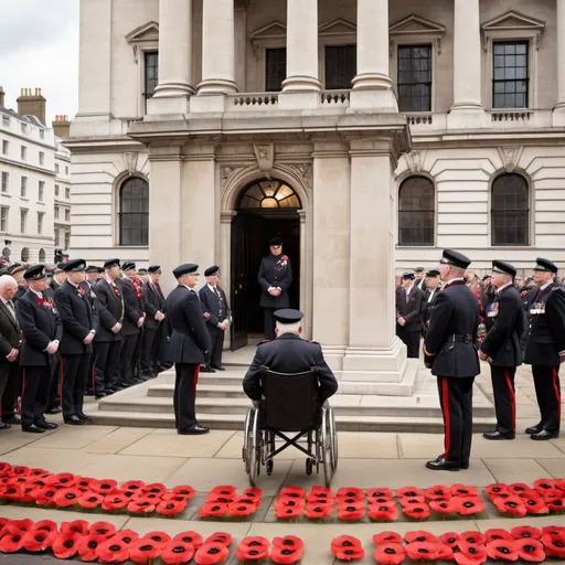 Prompt: Remembrance Day ceremony at Whitehall, London, Cenotaph surrounded by veterans, disabled veteran in wheelchair, solemn and respectful atmosphere, historical architecture, high quality, realistic, traditional, respectful, patriotic, dignified, somber, British flag, uniformed soldiers, poppy flowers, vintage architecture, iconic landmark, overcast lighting