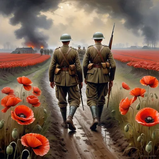 Prompt: Poppy Fields in Flanders, soldiers in battlefield, WW1, vibrant red poppies, somber atmosphere, high quality, realistic, historical, dramatic lighting, detailed soldier uniforms and faces, war-torn landscape, foggy morning, intense emotions, realistic, oil painting, historical, somber tones, dramatic lighting