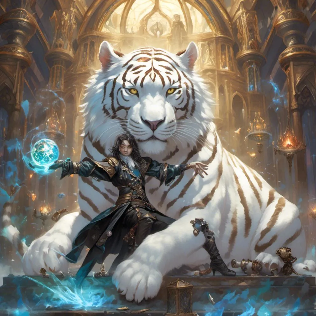 Prompt: <mymodel>A  Mage summoning a white tiger in  artstyle