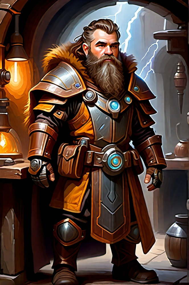 Prompt: electronic painting (full-body) character portrait of sci-fi high-fantasy ((male dwarf artificer)) wearing (dark armored weatherproof great-cloak) over (heavy magitek hi-tech high-fantasy armor) wearing magic-punk goggles and ((((magitek lightning-enchanted hi-tech sci-fi gauntlets)))) standing in a (dwarven artificer's workshop) with (brown hair and beard), (brown eyes) and rounded ears, using a rich color palette and dark gritty tones, professional illustration, painted, painterly, impressionist brushwork, highly detailed facial features, highly detailed background,