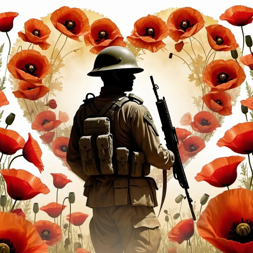 Prompt: Large heart shape with several semi-transparent poppies and , soldier silhouette paying respect in the centre ,dominant center poppy, yellowish mottled background, 4K quality, semi-realistic style, warm tones, soft lighting, detailed petals, floral design, ethereal atmosphere, semi-transparent, detailed, soft lighting, floral, warm tones, high quality, semi-realistic, poppies, large heart shape, detailed background