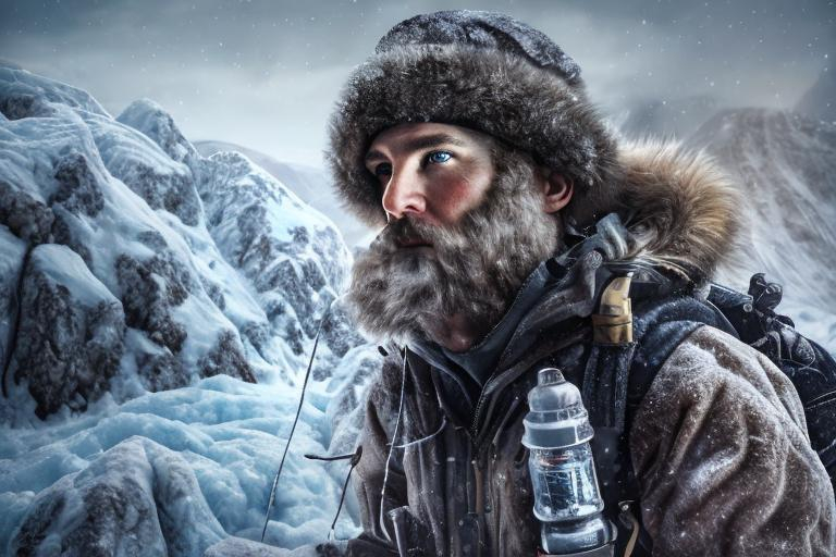 Prompt: Arctic explorer in snowy mountains, highly detailed, detailed facial features, ice and snow textures, highres, realistic, rugged terrain, winter gear, professional, atmospheric lighting, extreme conditions, frosty atmosphere, detailed equipment, adventure, cold tones, detailed fur and fabric, mountainous landscape, detailed backpack and tools, detailed facial features, snowy peaks, detailed ice, realistic snow, blizzard conditions, intense gaze