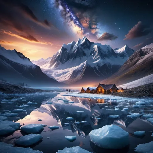 Prompt: metal album cover art, milky way over the ice-capped mountains at sunset, viking village near the lake, dark fantasy, splash art, (best quality)), ((illustration)), ((masterpiece)), hyperrealistic, cinematic lighting 
